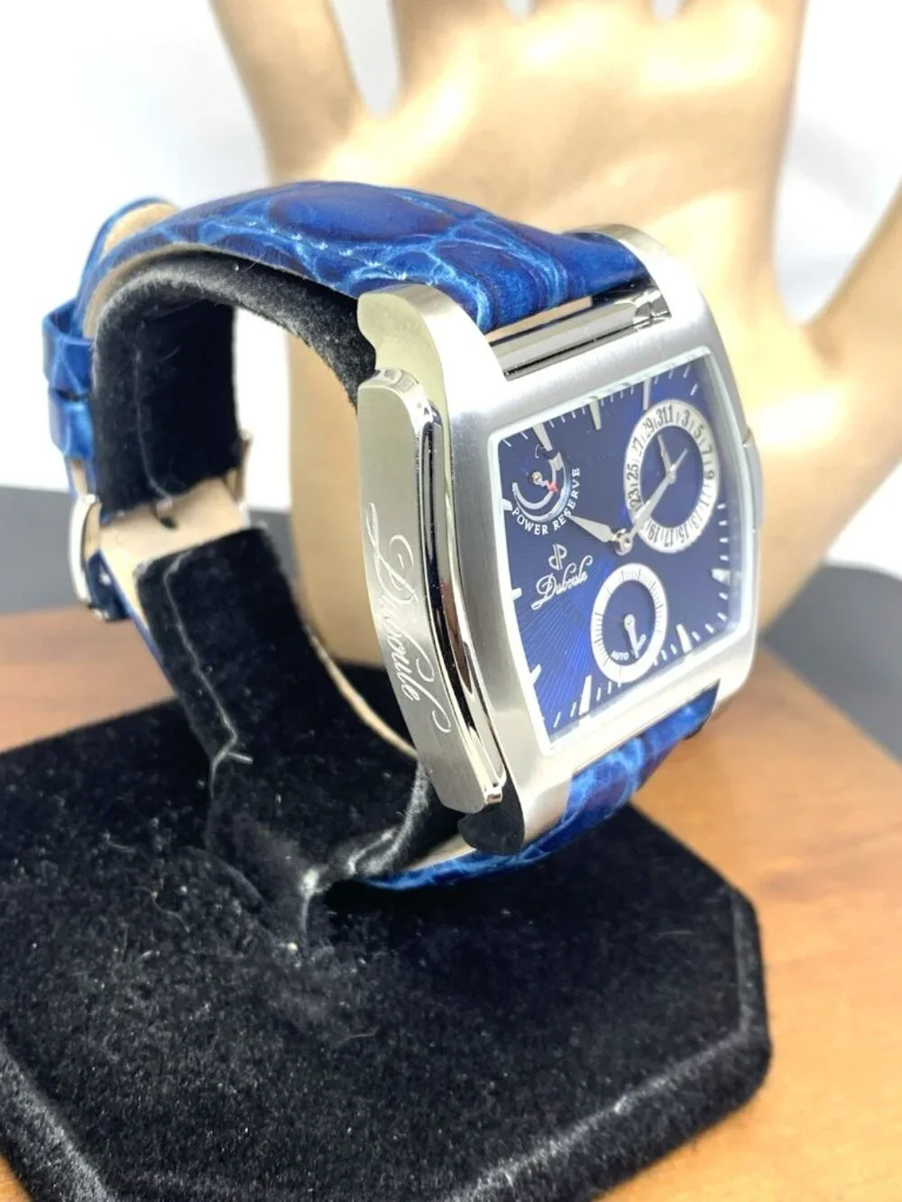 Duboule Men's Watch 2489-3 Automatic Blue Dial Power Reserve Leather Strap 40mm